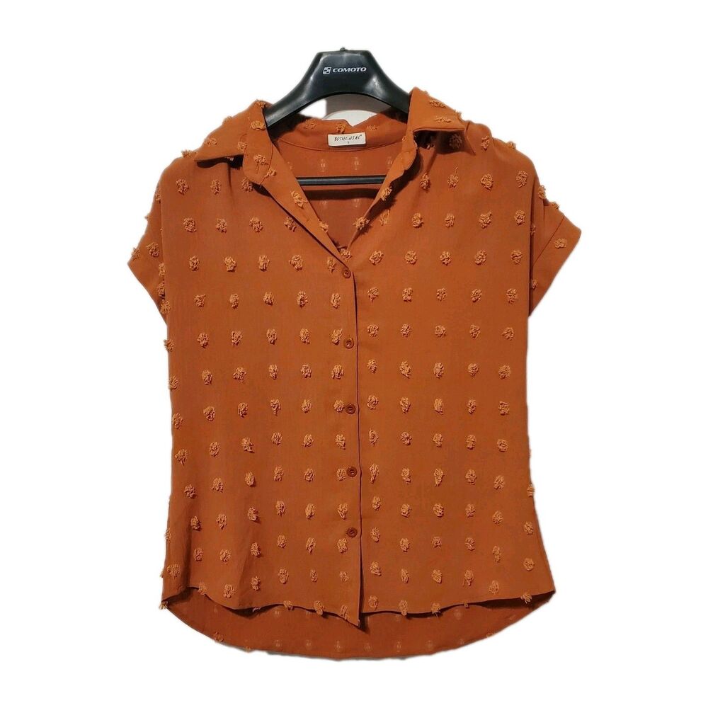 Bothenial Tassle Short Sleeve Button Up Blouse Rust Terracotta Small Boho